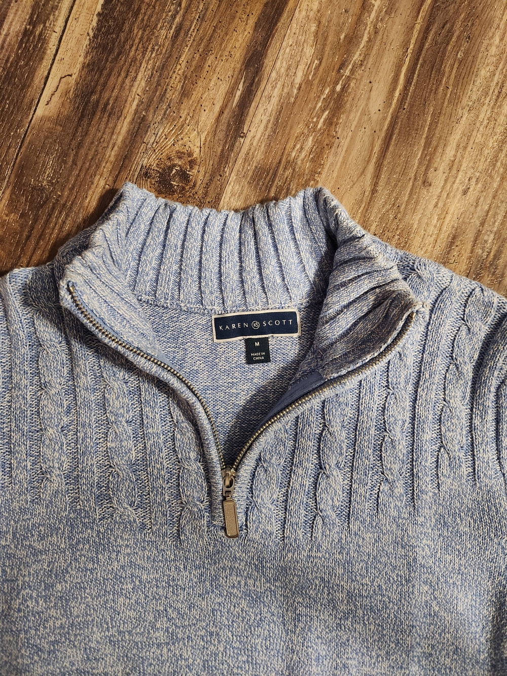 Karen Scott Men’s Heathered Light Blue Zip-Up Cable Sweater